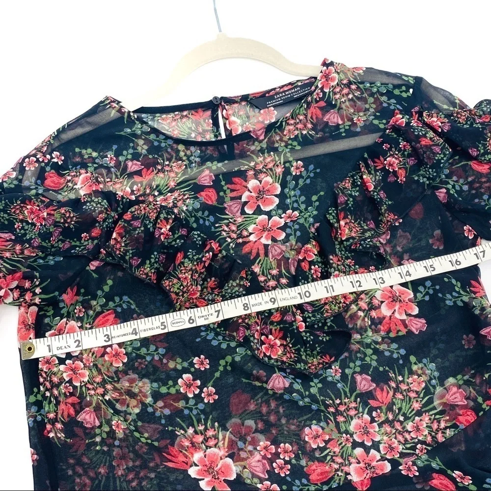 Zara Women Sheer Floral Long Sleeve Ruffled Layered Pink Black Cuffed Blouse SzM - Picture 15 of 15